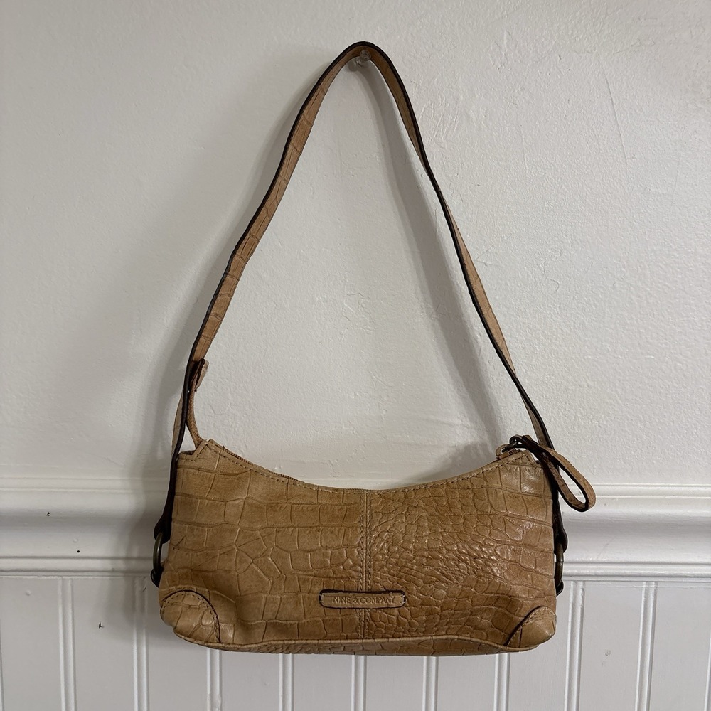 Vtg Nine & Company Y2K Croc Embossed Baguette Mini Shoulder Bag Tan 2000s